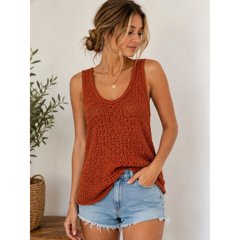 Aerie Rust Open Knit Crochet Sweater Tank Top Boho Sleeveless Medium